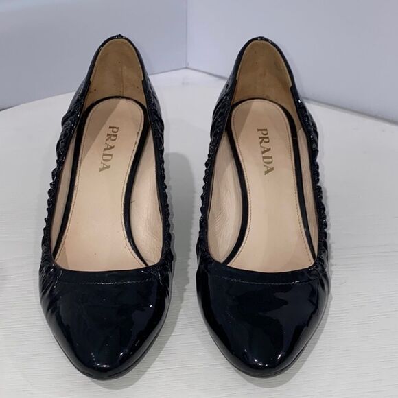 Prada Black Patent Leather Runched Ballet Pump Kitten Heel Size EU 37 - Picture 17 of 17